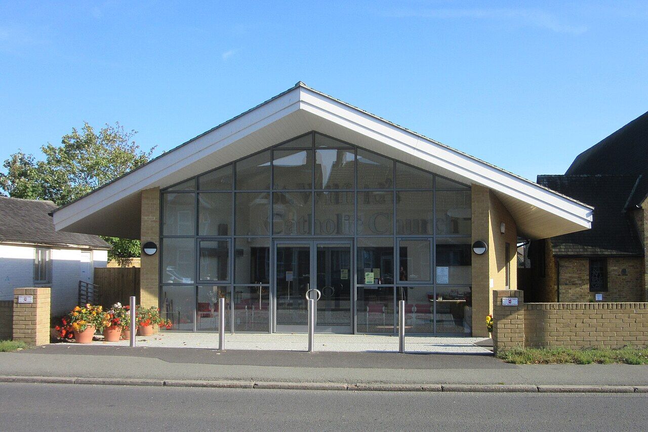St Wilfrid's Catholic Church, a modern glass-fronted church on South Road, Hailsham