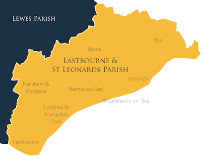 Map of the Catholic Parish of Eastbourne & St Leonards, covering East Sussex from Eastbourne, Langney & Hampden Park and Hailsham & Polegate in the west to Bexhill-on-Sea, St Leonards-on-Sea, Hastings, Battle and Rye in the east